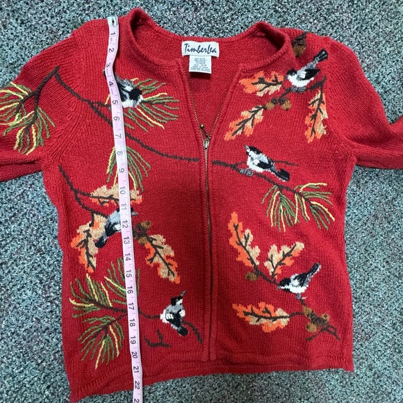 Vintage Timberlea Red Embroidered Bird Foliage Full Zip Sweater Size Small - Picture 5 of 8